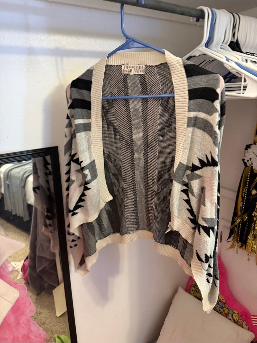 Pink Republic Open-Front Geometric Cardigan in Cream, Gray and Black
